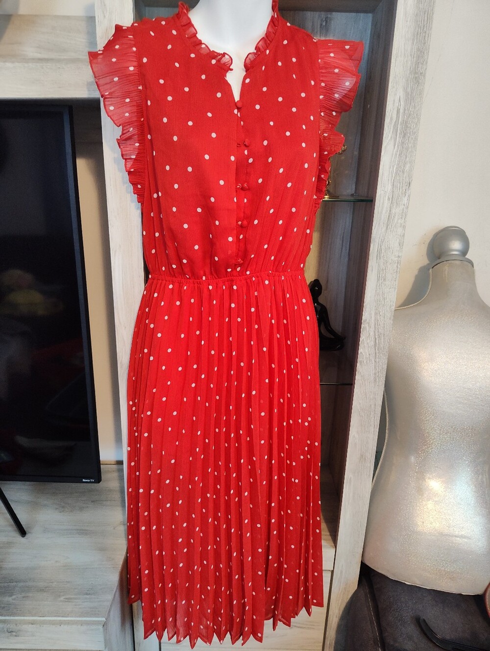 Les Serein Women's Red Polka Dot Pleated Midi Dress SZ Small New With Tags